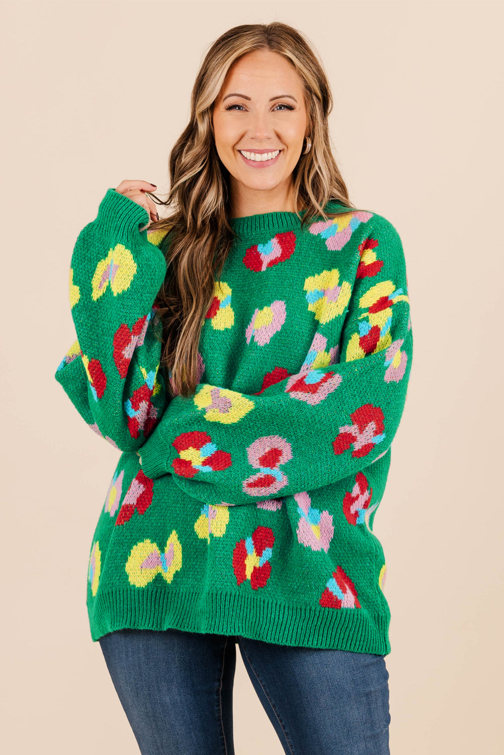 Floral Knitted Ribbed Edge Drop Shoulder Sweater