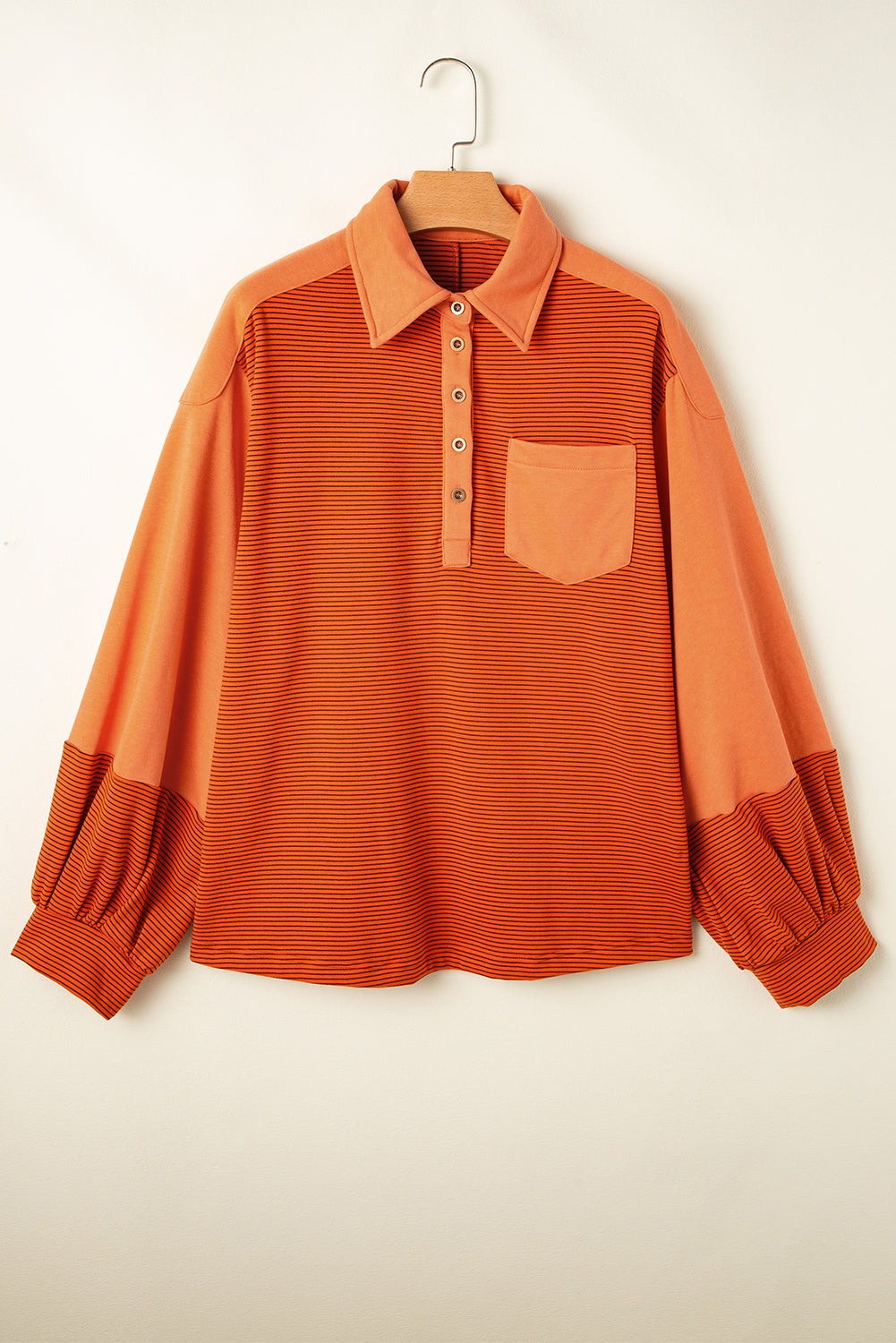 Trendy Henley Pullover with Puff Sleeves and Exposed Seams