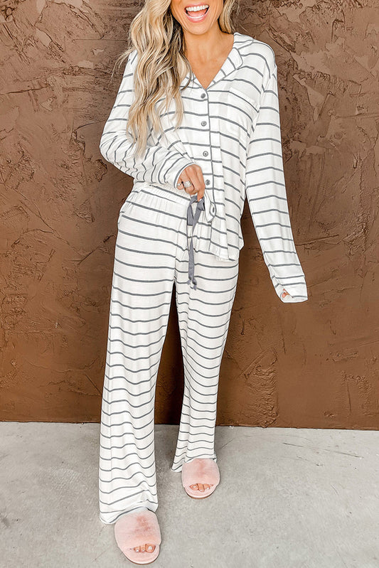 Chic and Cozy Long Sleeve Striped Buttoned Top & Loose Pants Pajama Set