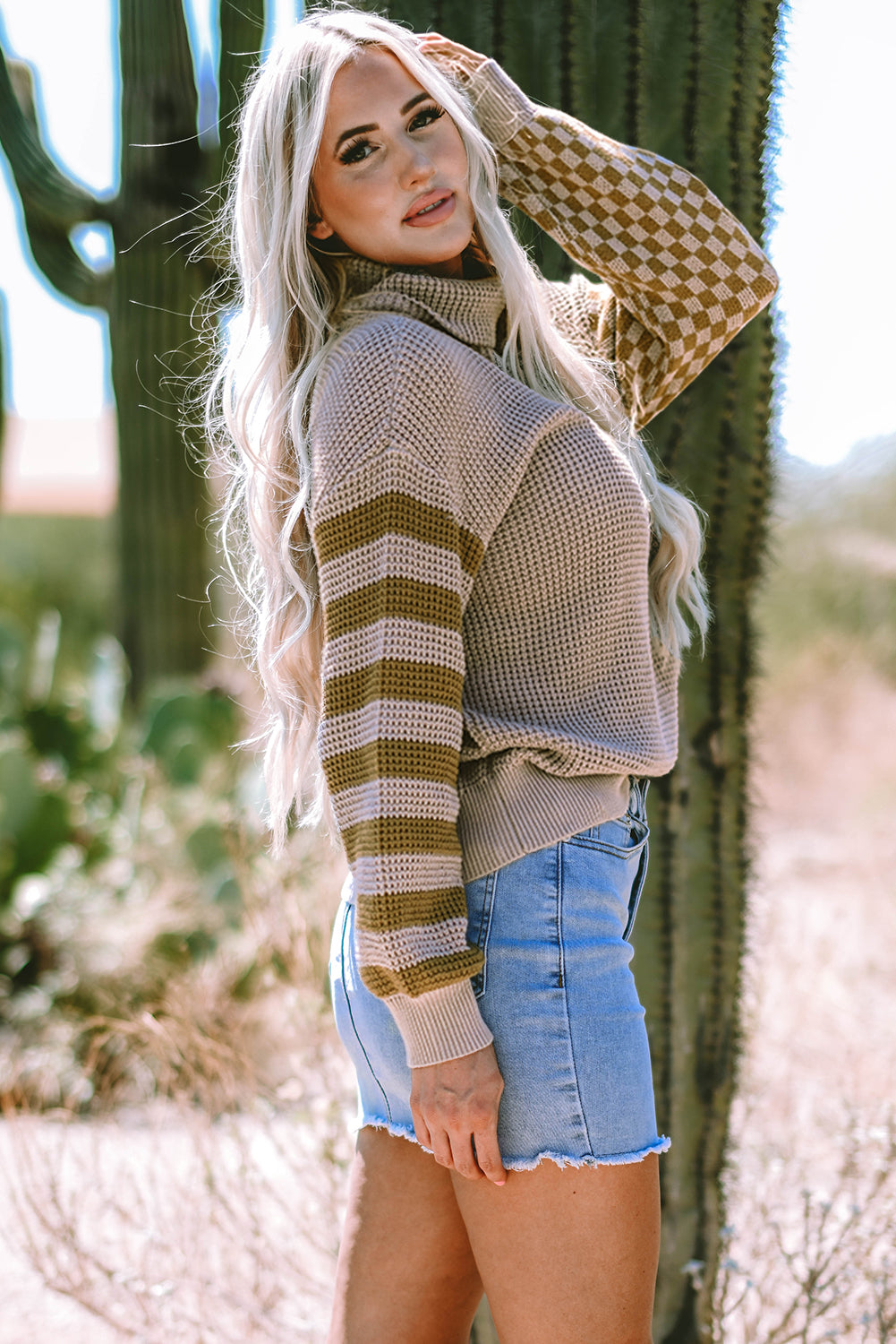 Smoke Gray Striped Plaid Waffle Knit Turtleneck Sweater