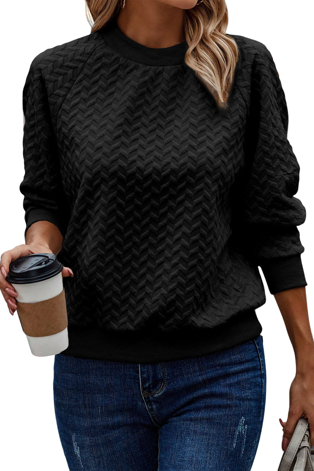 Green Solid Color Textured Raglan Sleeve Pullover Sweatshirt