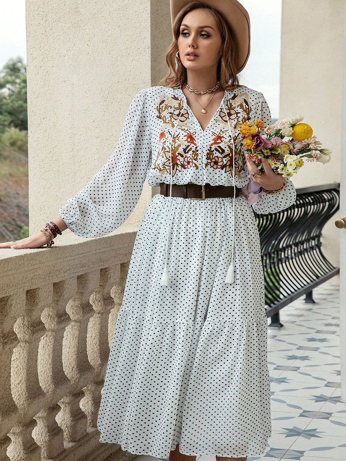 Boho Floral Embroidered Polka Dot Plus Size Midi Dress with Tie Neck