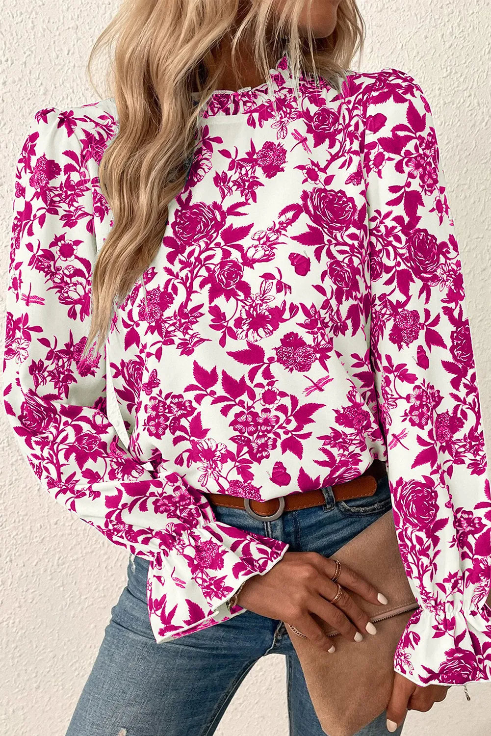 Floral Print Mock Neck Flounce Sleeve Blouse