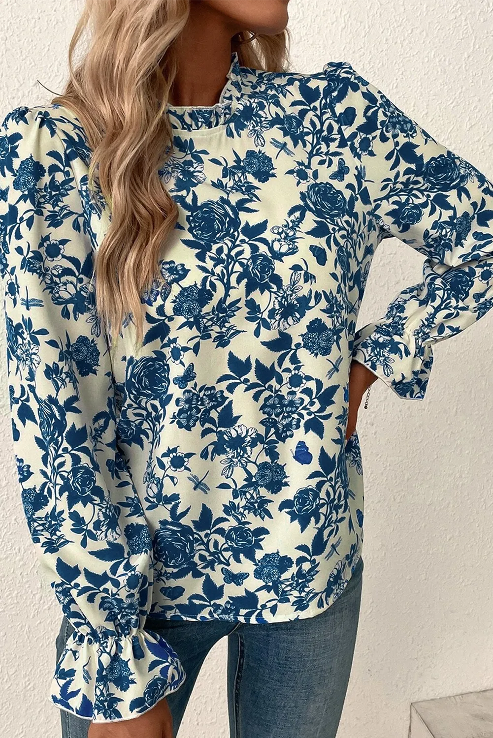 Floral Print Mock Neck Flounce Sleeve Blouse