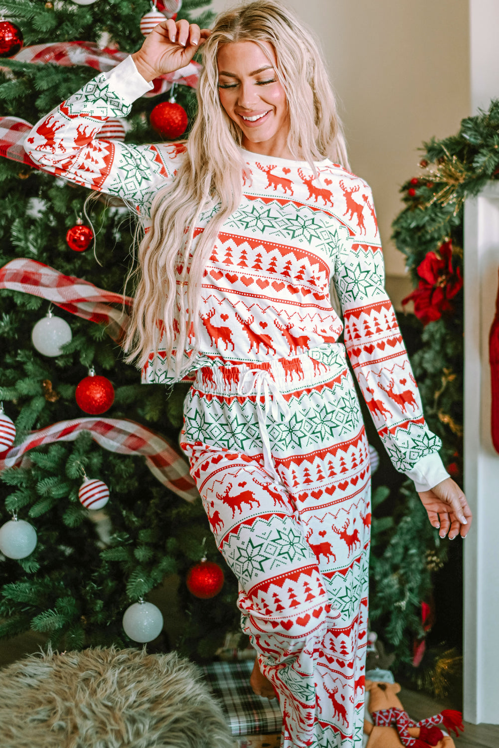 Festive White Christmas Print Pullover & Pants Lounge Set