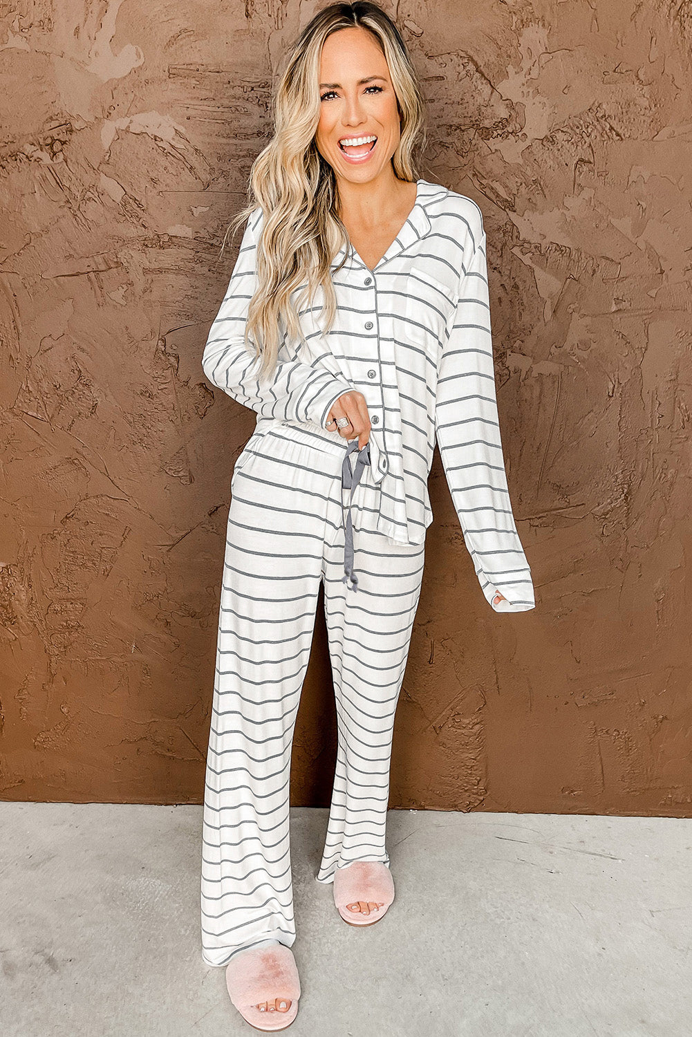Chic and Cozy Long Sleeve Striped Buttoned Top & Loose Pants Pajama Set