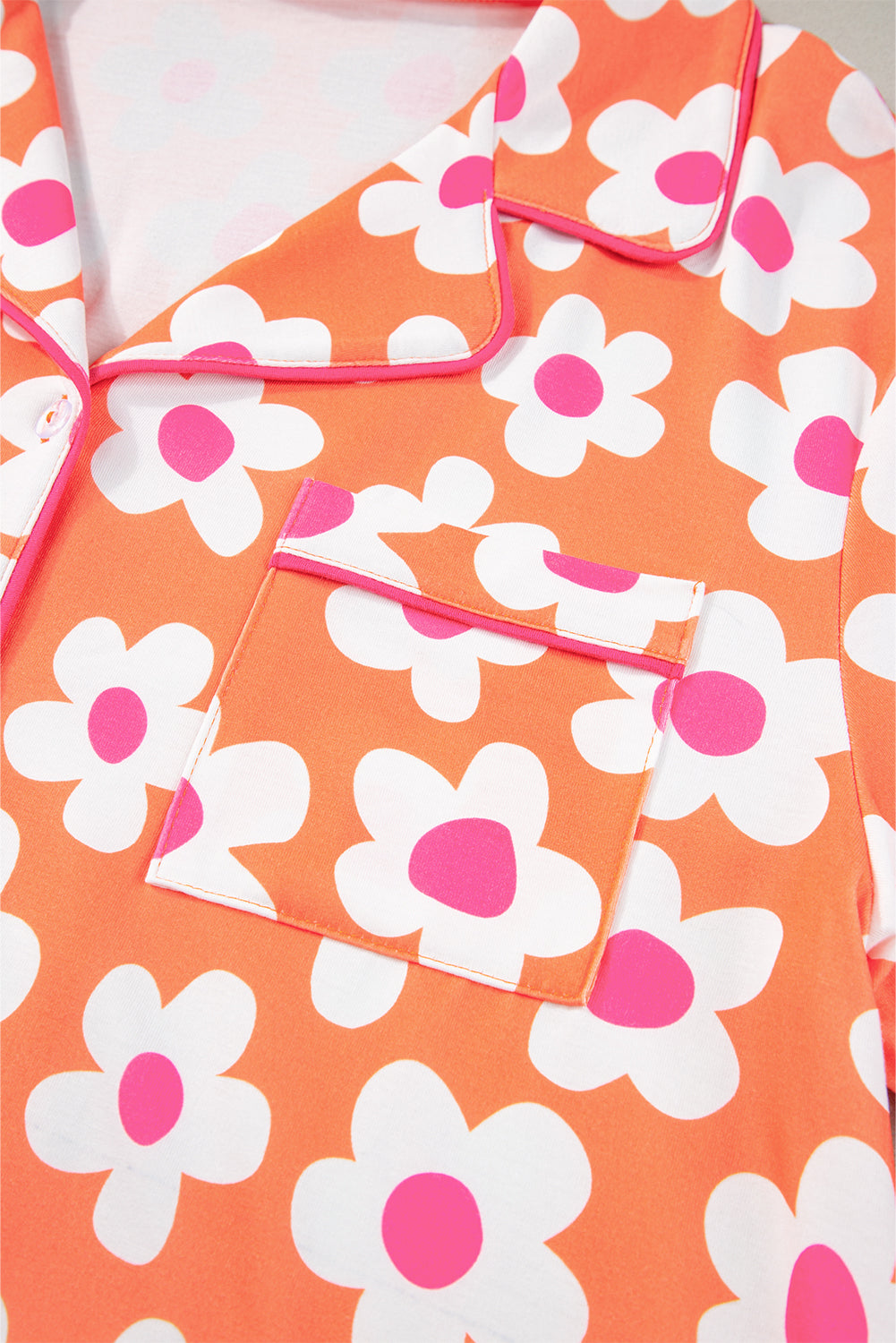 Orange Floral Print Short Sleeve Shirt Pajamas Set