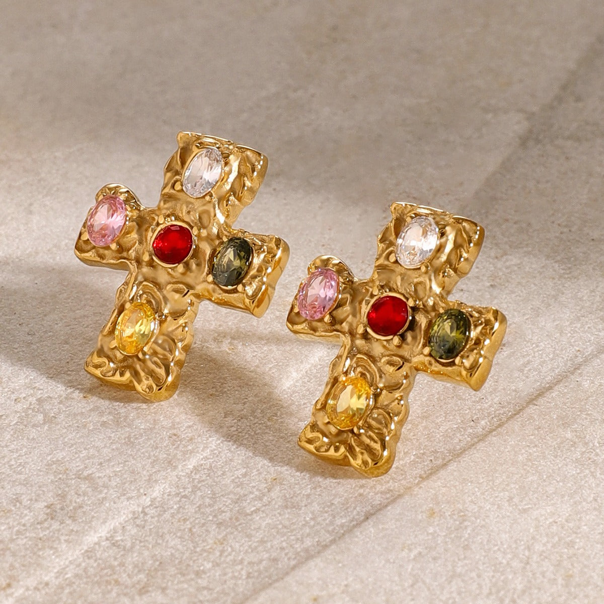 18K Gold-Plated Zircon Cross Earrings multicolor