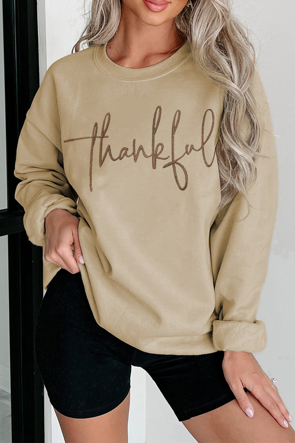 thankful Embroidered Drop Shoulder Pullover Sweatshirt