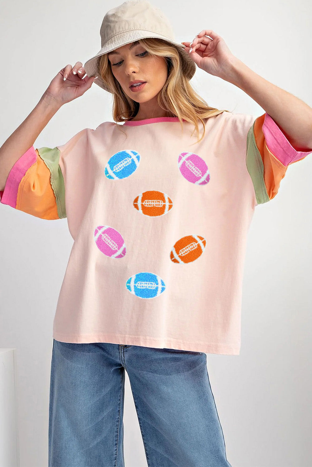 Pink Football Embroidered Color Block Tee