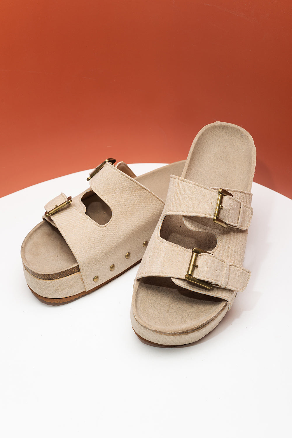 Suede Buckle Decor Corky Platform Slides