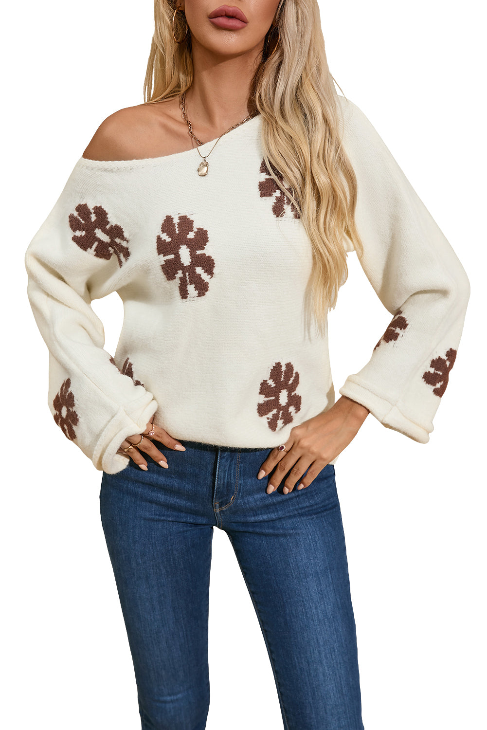 Colorblock Floral Pattern Round Neck Sweater