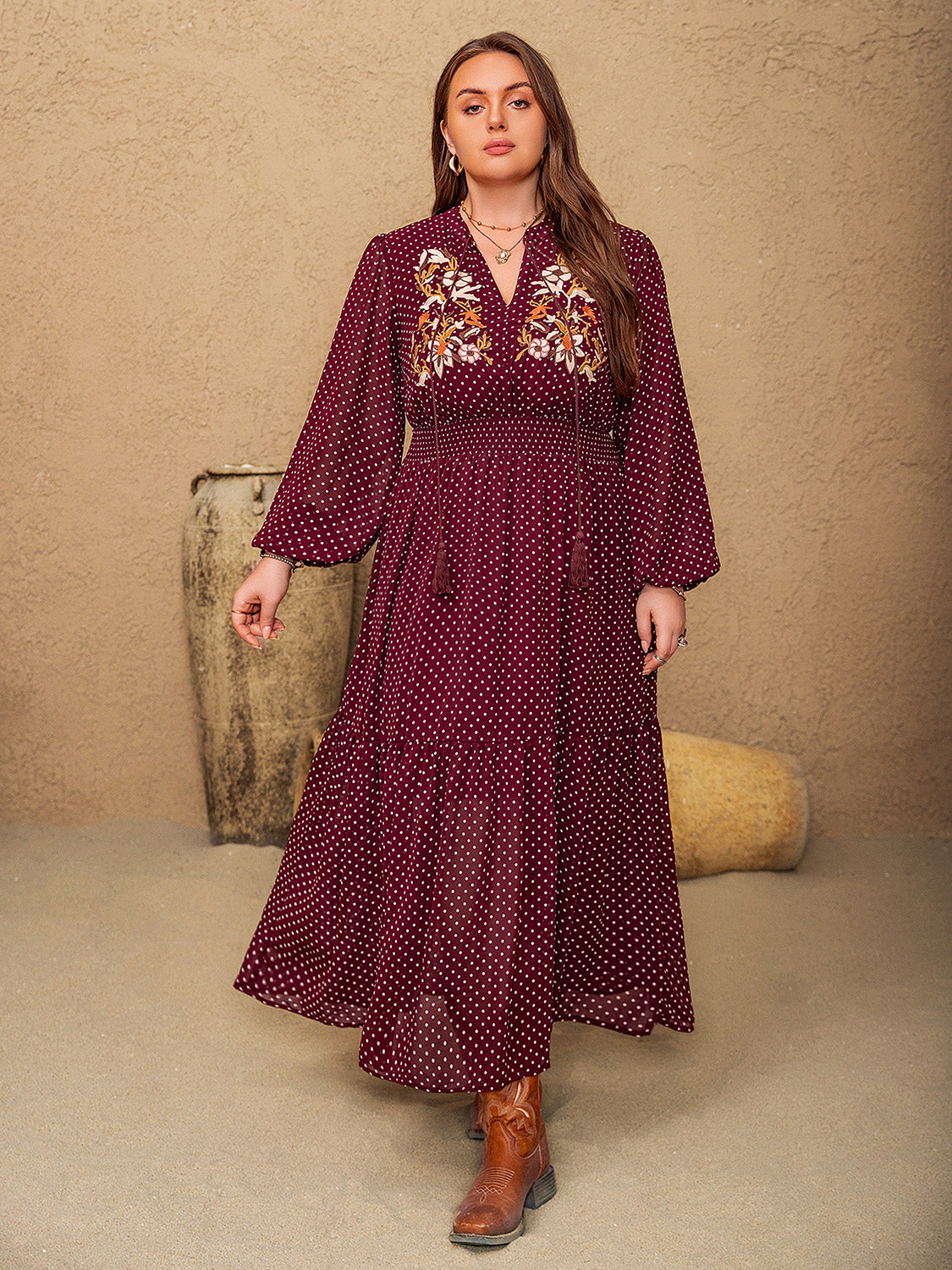 Boho Floral Embroidered Polka Dot Plus Size Midi Dress with Tie Neck