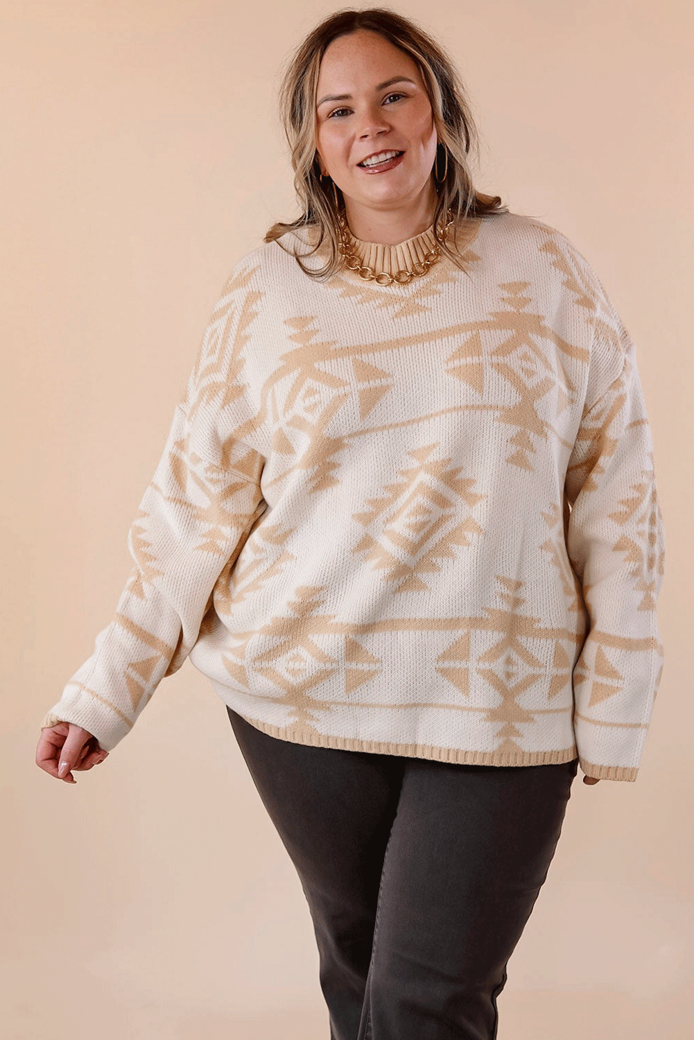 Plus-Size Cozy Loose Sweater with Vibrant Western Aztec Print