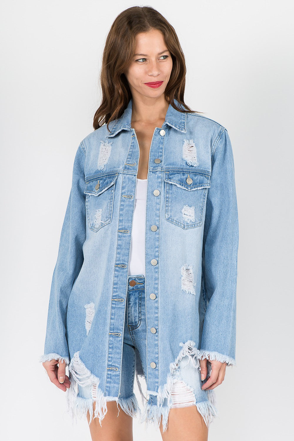 Trendy Distressed Frayed Hem Denim Jacket for Effortlessly Cool Style