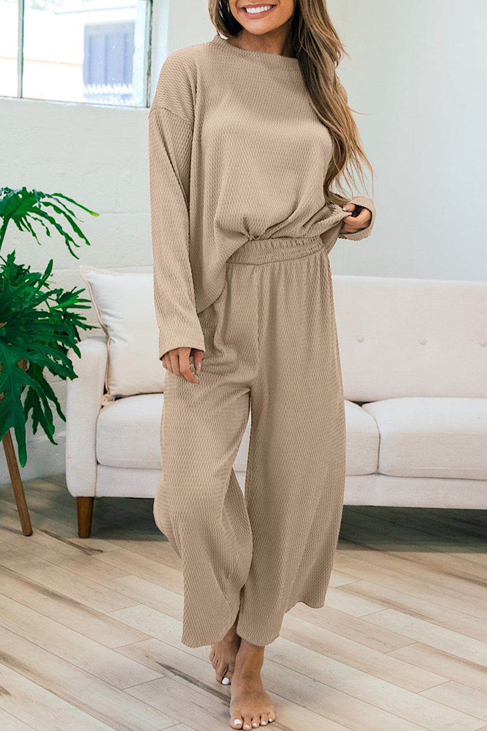 Smoke Gray Loose Textured Pullover & Pants Outfit