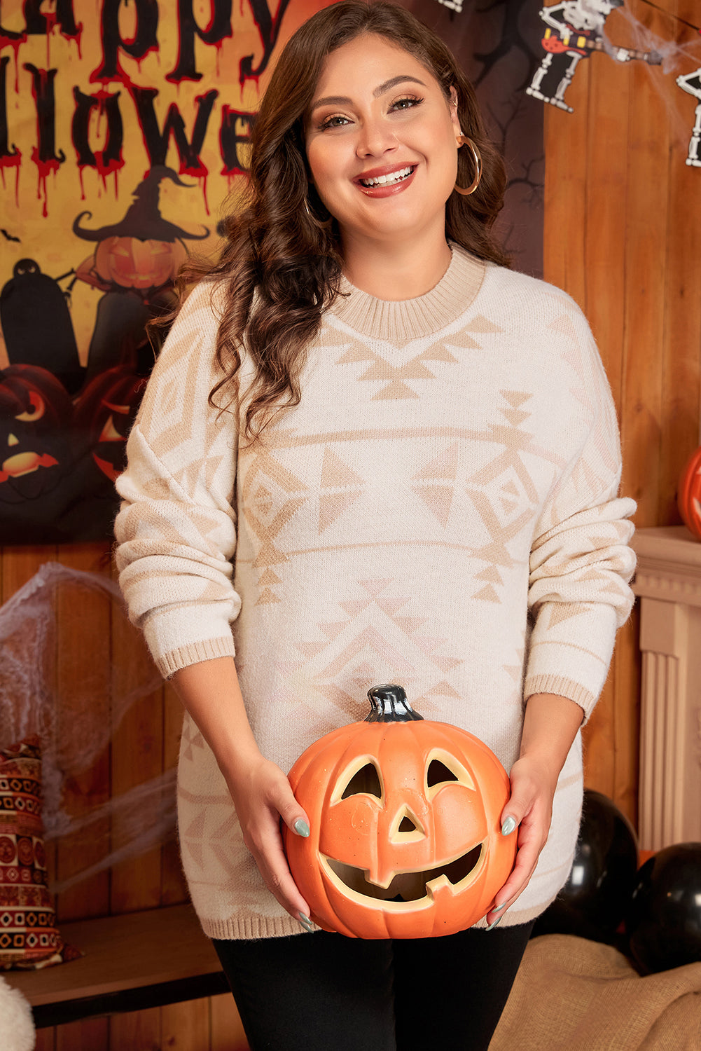 Plus-Size Cozy Loose Sweater with Vibrant Western Aztec Print