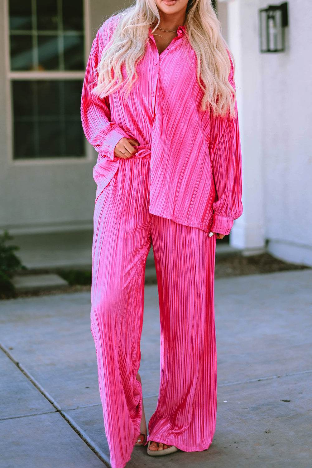 Hot Pink Rose Pleated Long Sleeve Shirt & Wide-Leg Pants Set