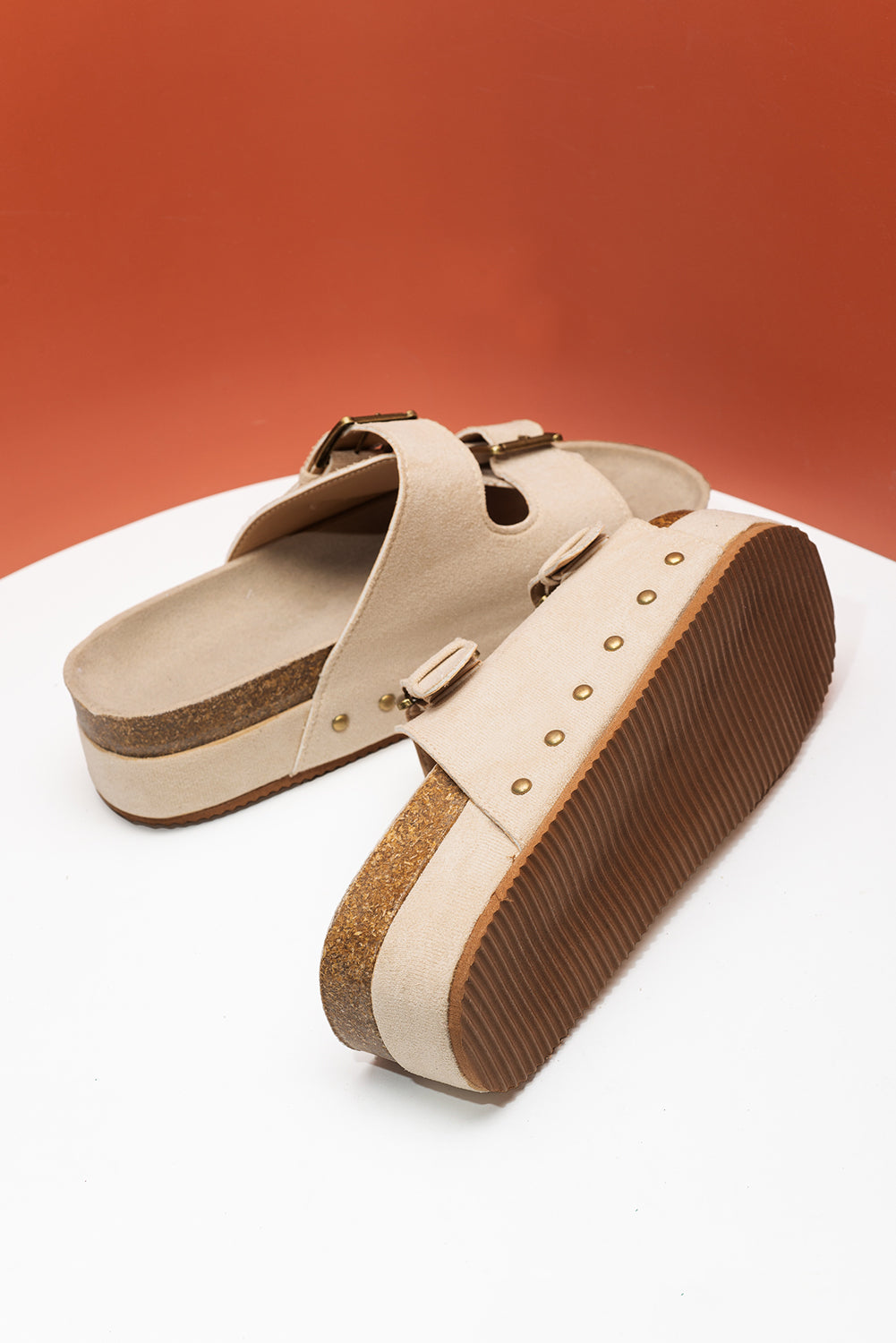 Suede Buckle Decor Corky Platform Slides