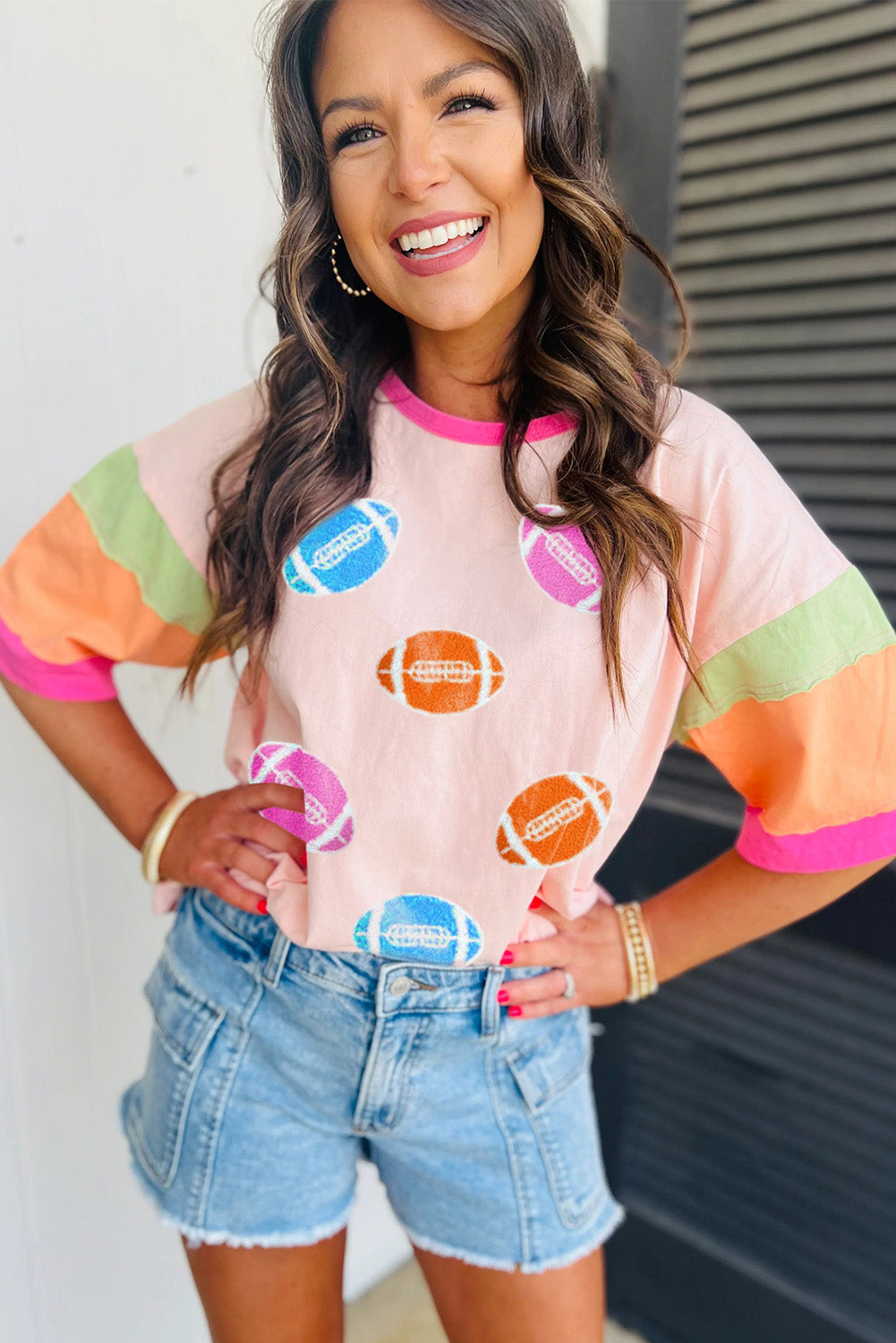 Pink Football Embroidered Color Block Tee