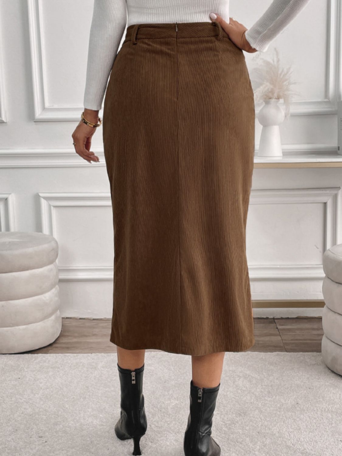 Cordory Slit Midi Skirt with Pockets