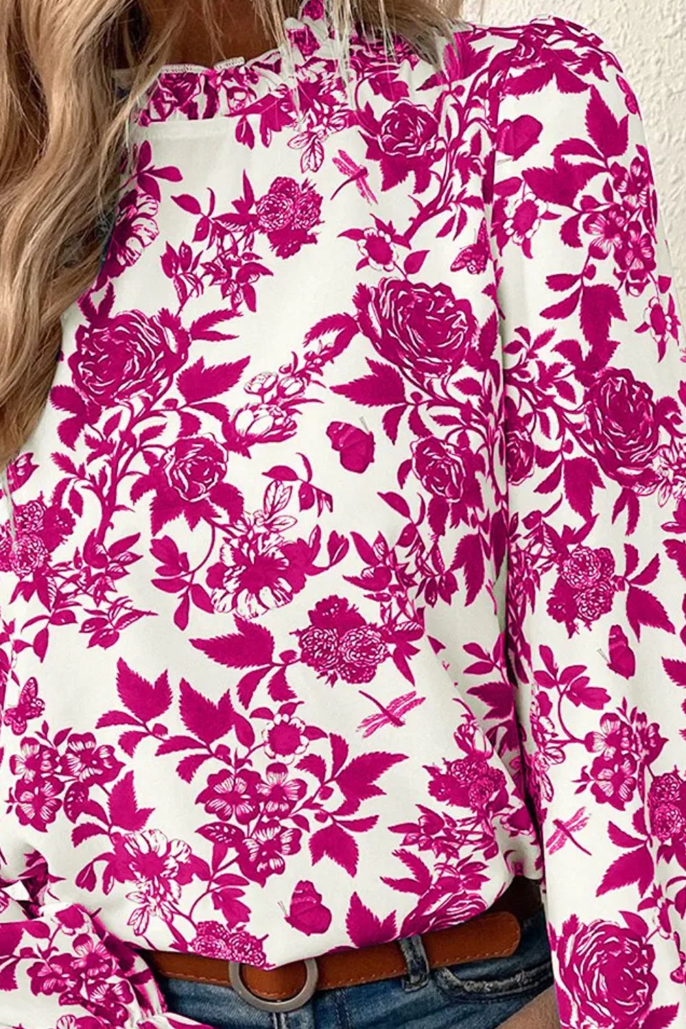 Floral Print Mock Neck Flounce Sleeve Blouse