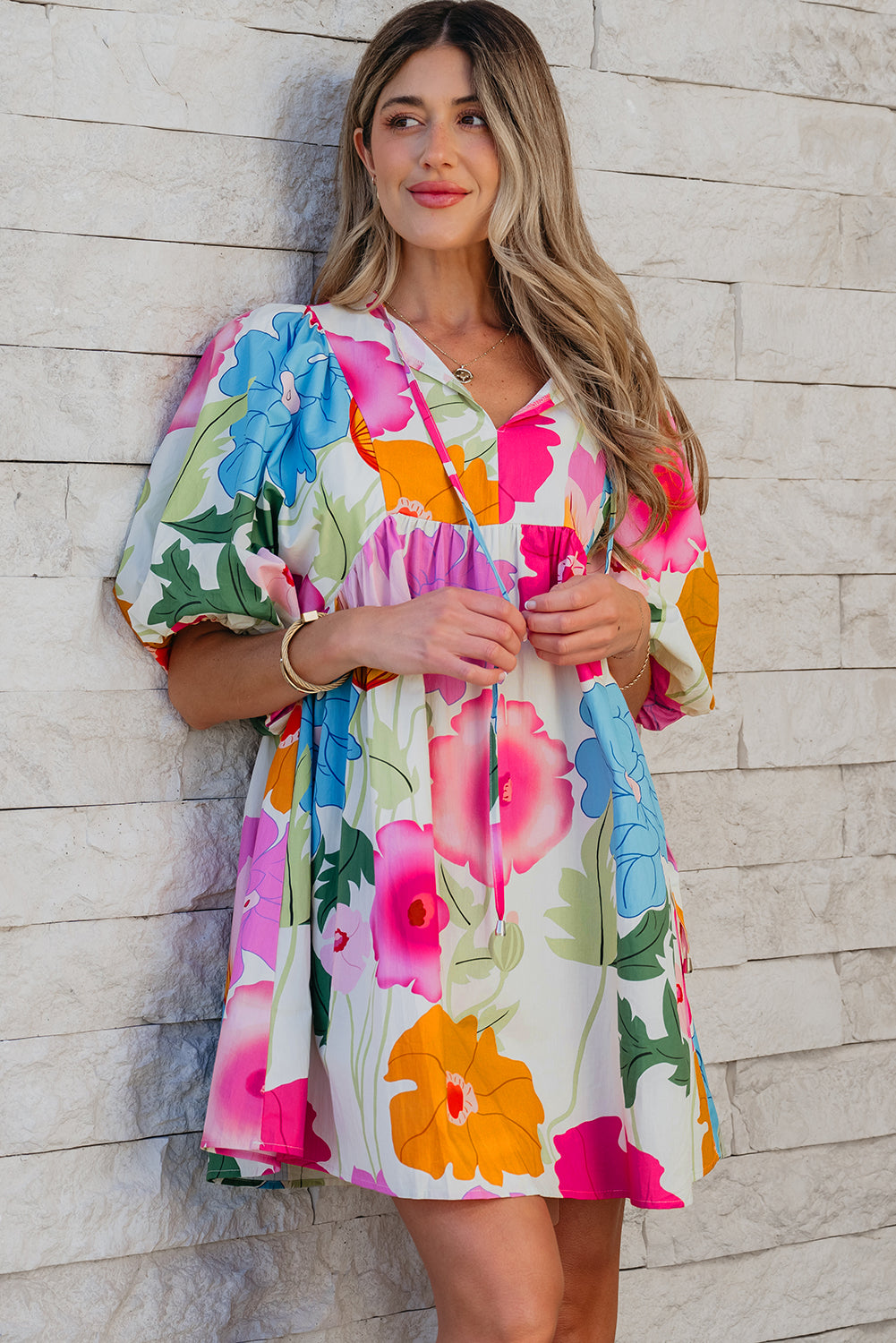 Dark Blue Floral Print Split Neck Babydoll Dress