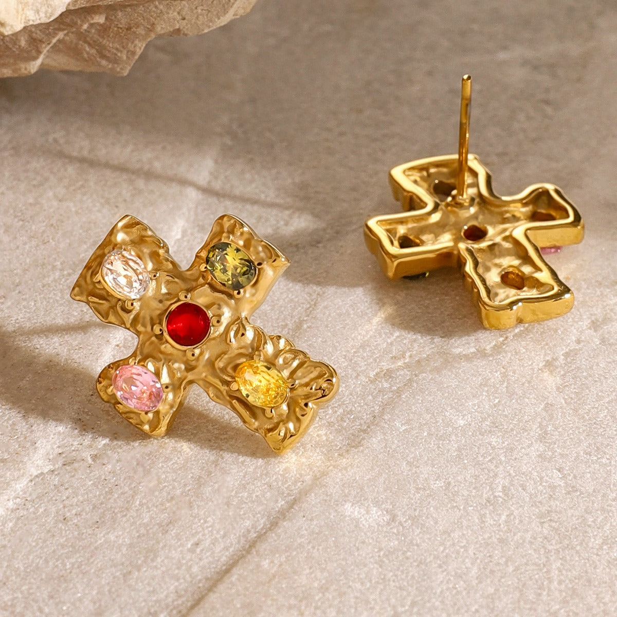 18K Gold-Plated Zircon Cross Earrings multicolor