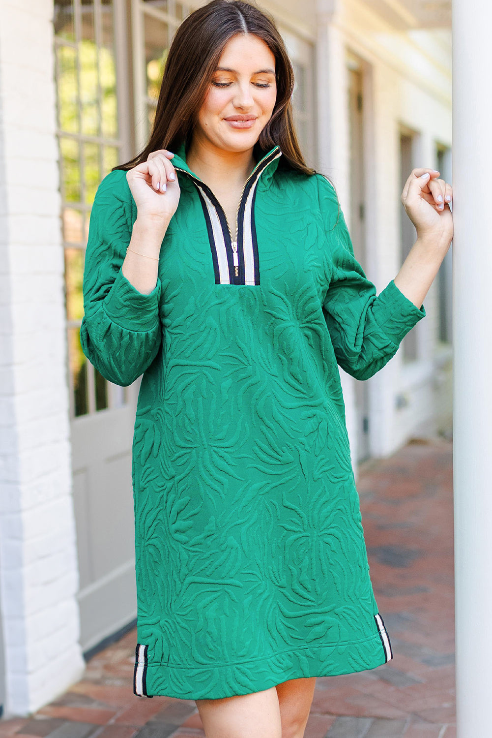 Sea Green Jacquard Textured Quarter Zipper Mini Dress