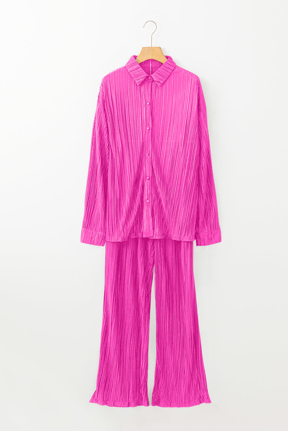 Hot Pink Rose Pleated Long Sleeve Shirt & Wide-Leg Pants Set