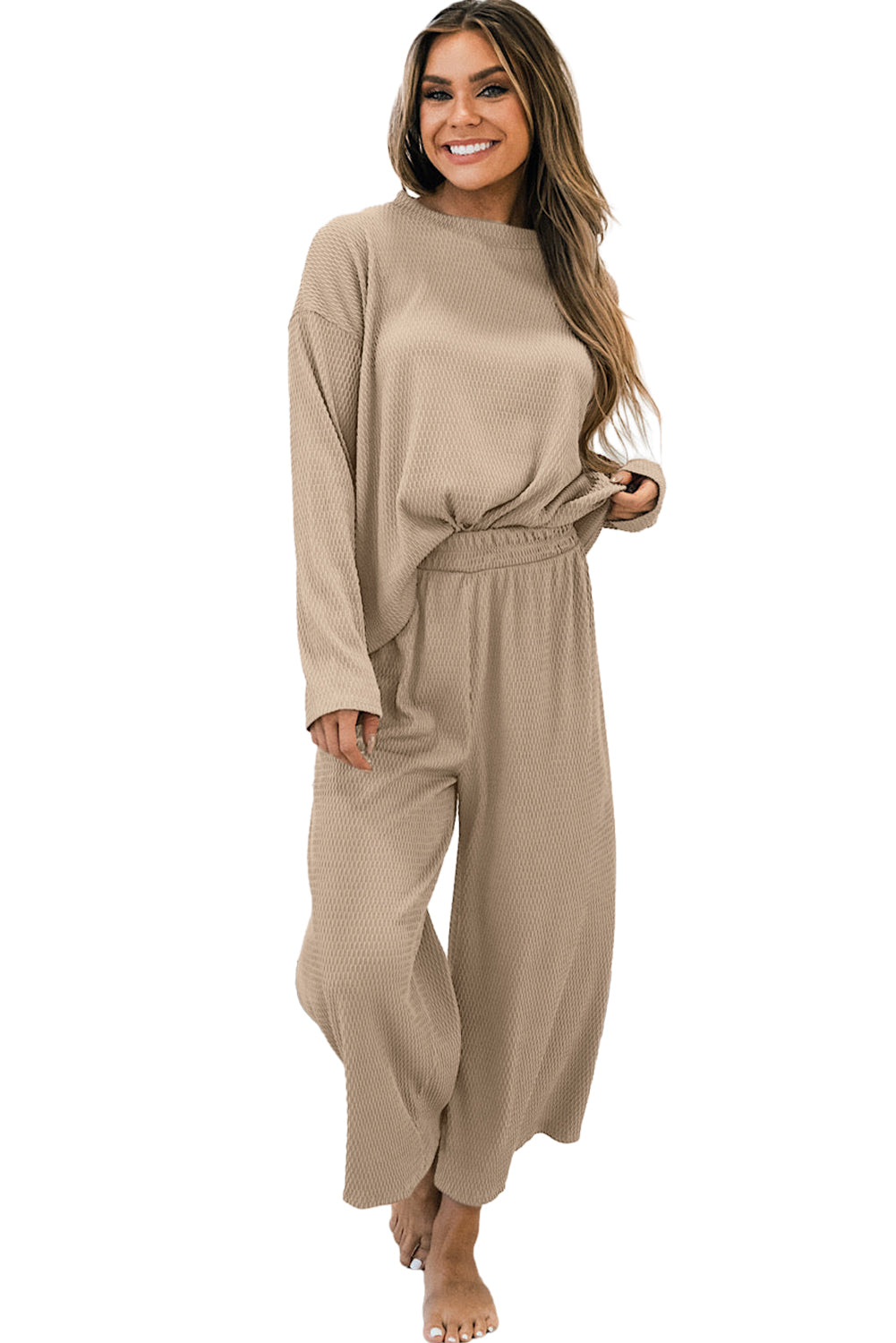 Smoke Gray Loose Textured Pullover & Pants Outfit