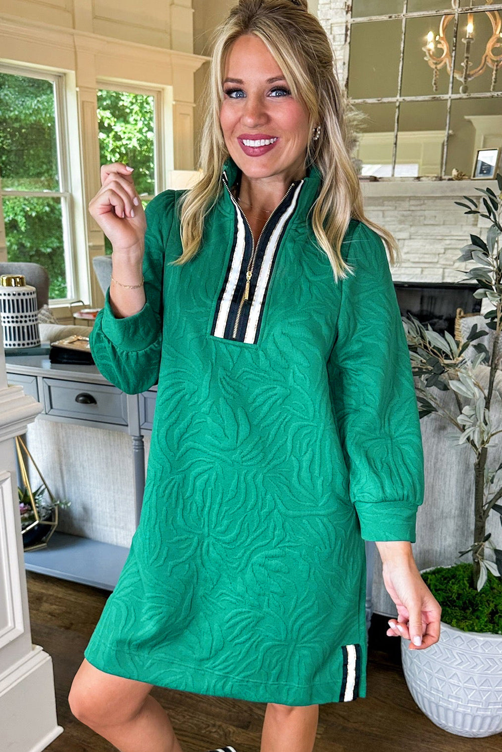 Sea Green Jacquard Textured Quarter Zipper Mini Dress
