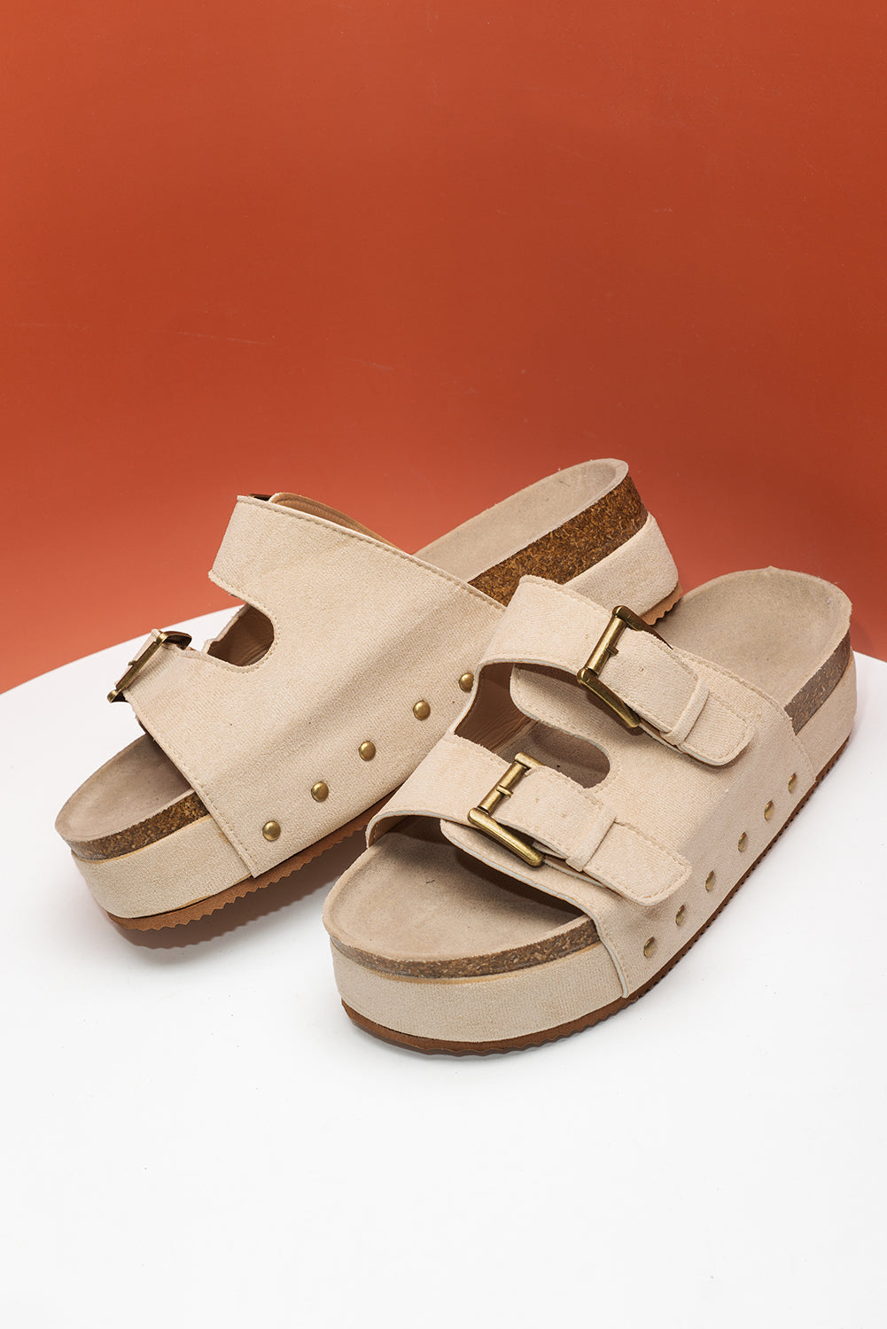 Suede Buckle Decor Corky Platform Slides