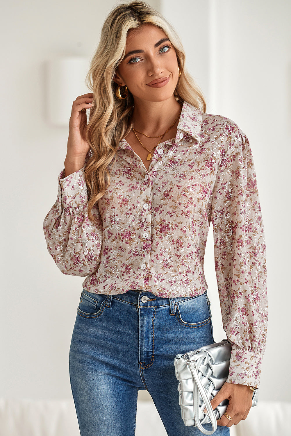 Pink Floral Bishop Sleeve Collared Blouse