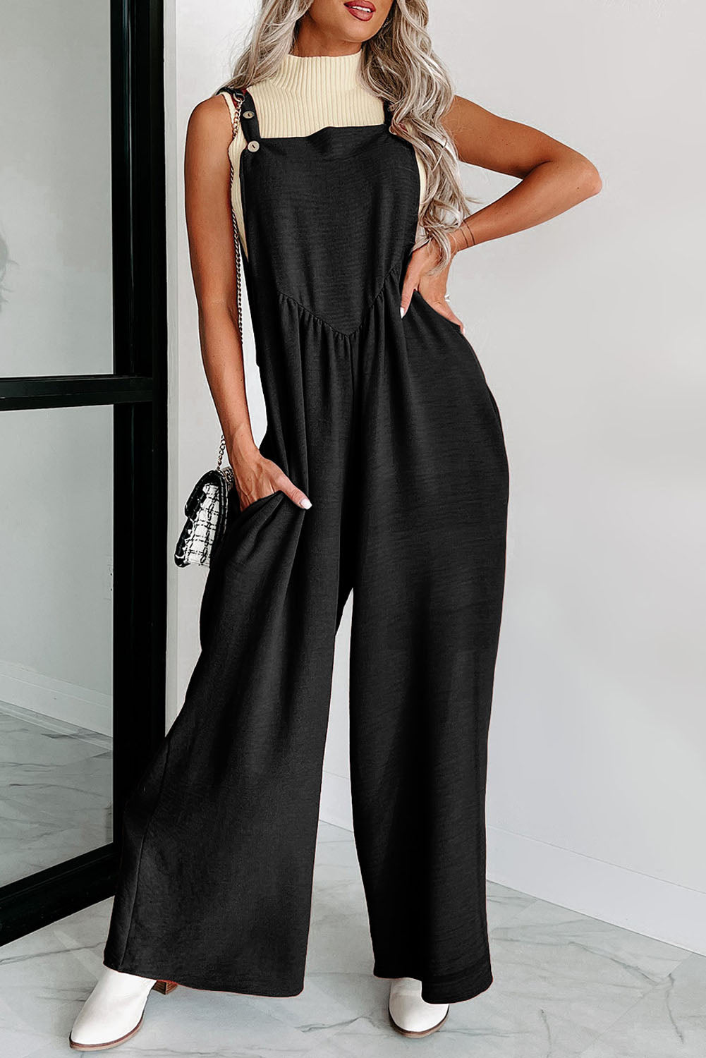Chic Wide-Leg Jumpsuit with Button Straps