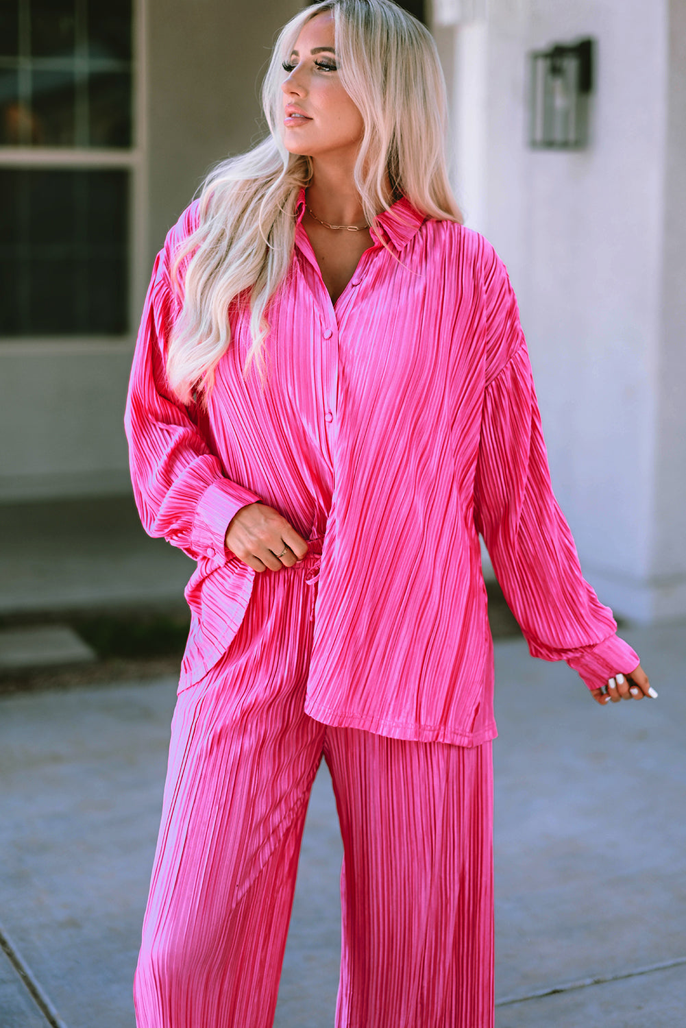 Hot Pink Rose Pleated Long Sleeve Shirt & Wide-Leg Pants Set