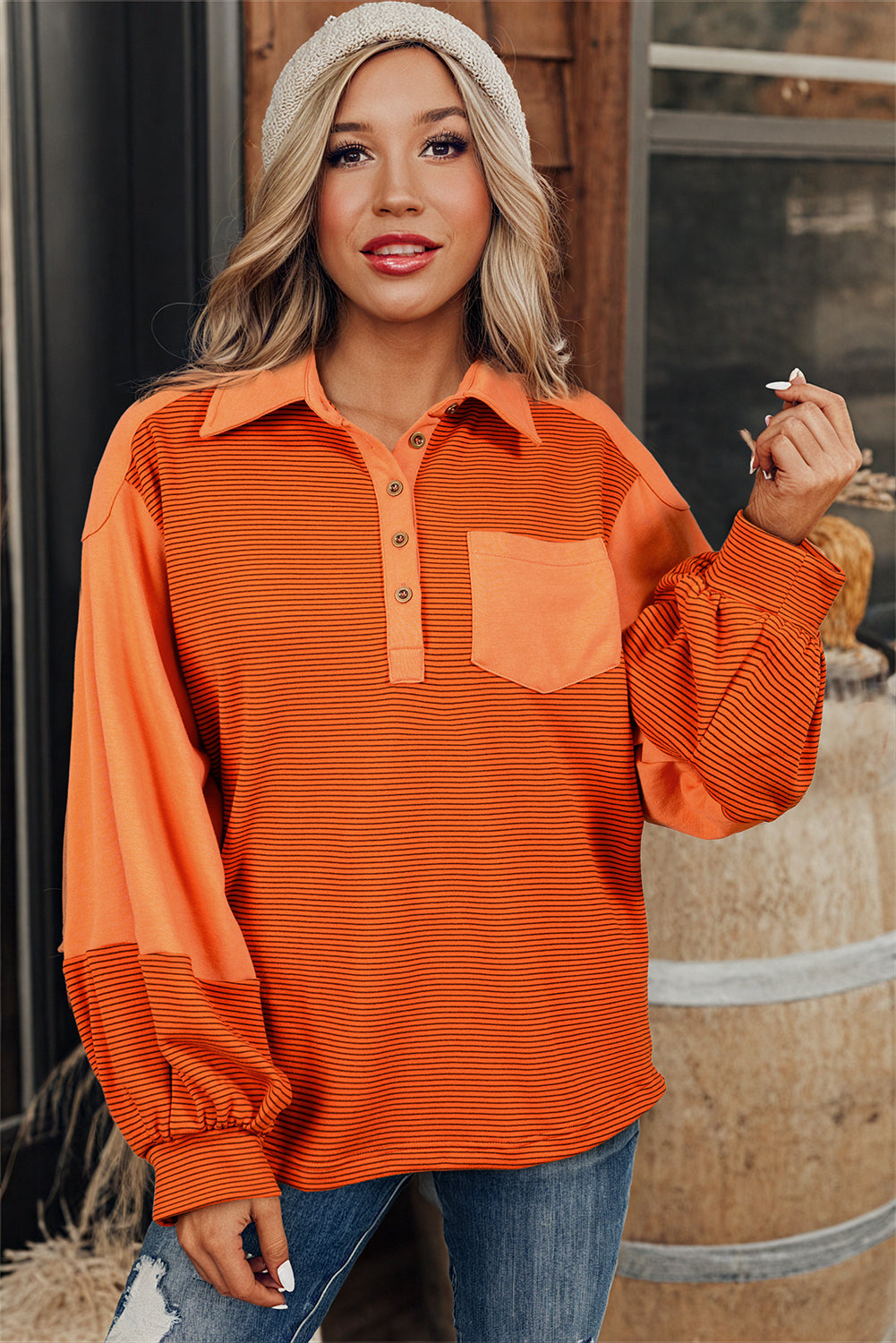 Trendy Henley Pullover with Puff Sleeves and Exposed Seams