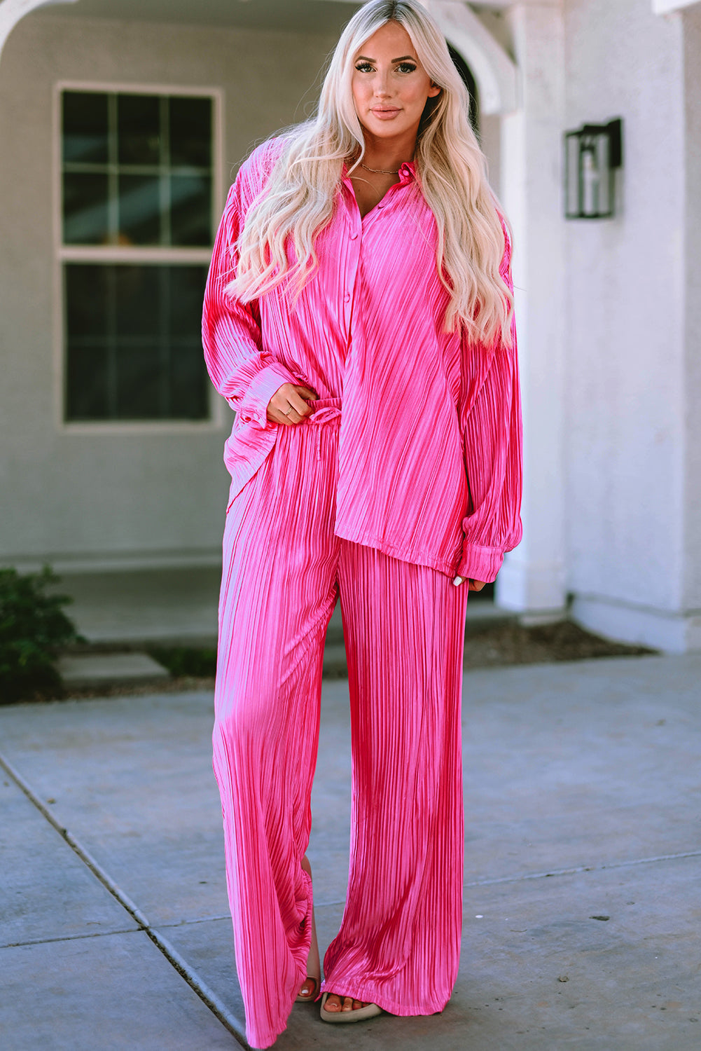 Hot Pink Rose Pleated Long Sleeve Shirt & Wide-Leg Pants Set