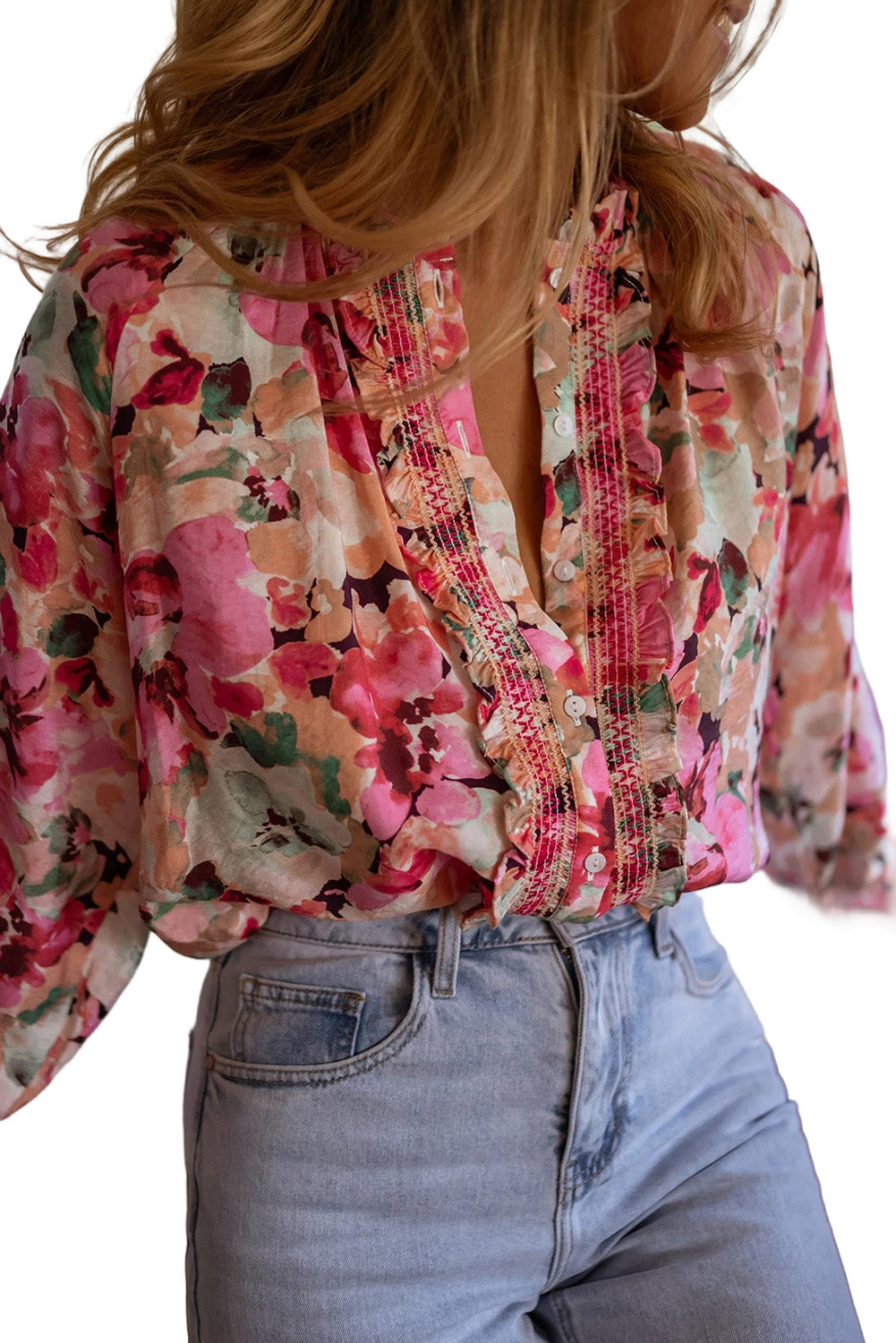 Red Floral Print Frill Blouse