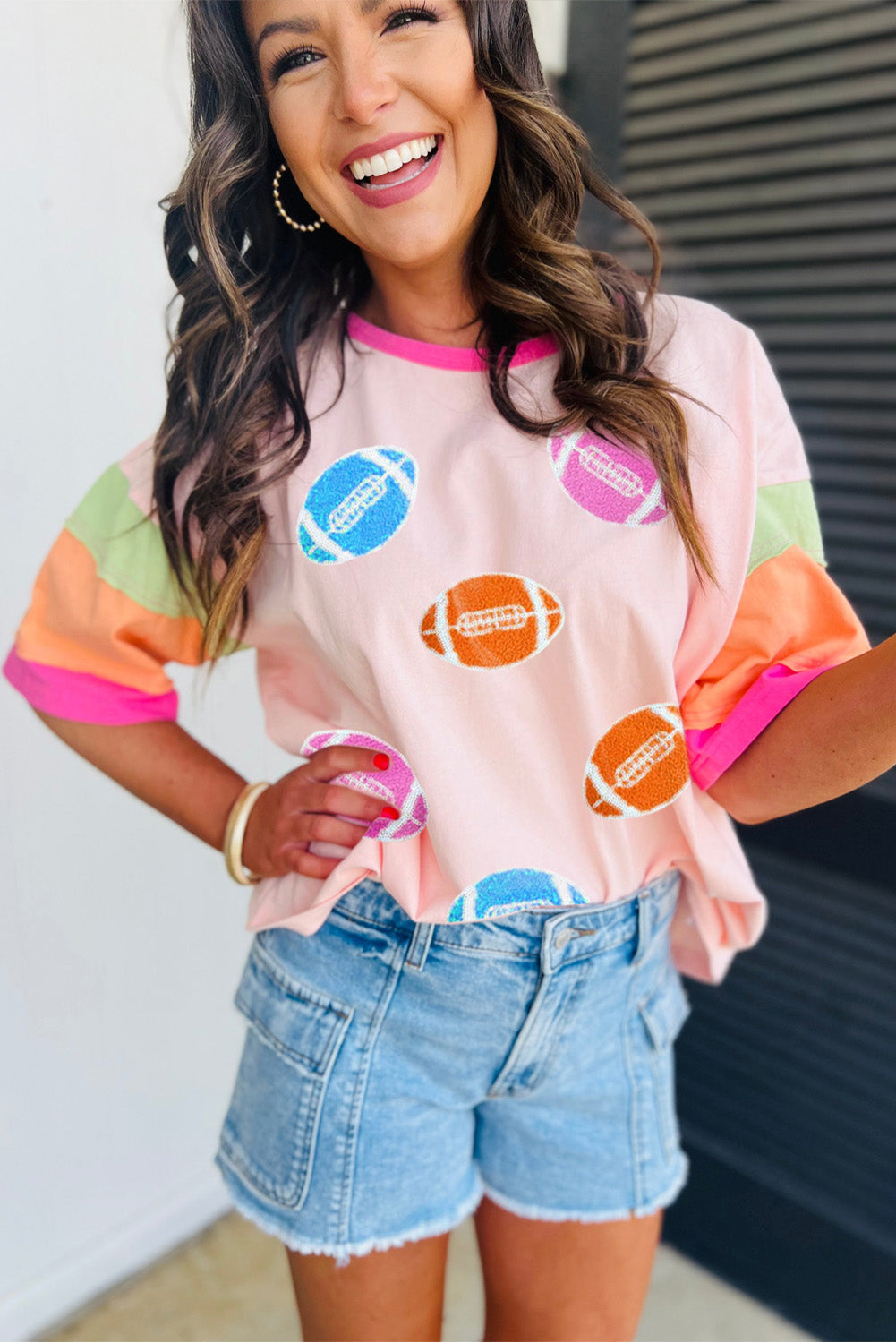 Pink Football Embroidered Color Block Tee