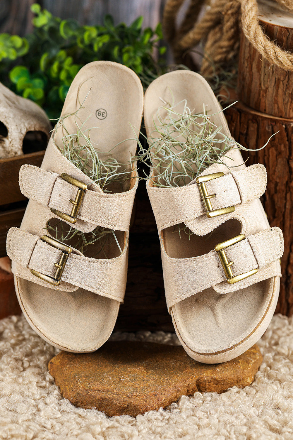 Suede Buckle Decor Corky Platform Slides