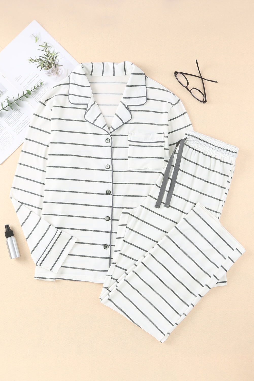 Chic and Cozy Long Sleeve Striped Buttoned Top & Loose Pants Pajama Set
