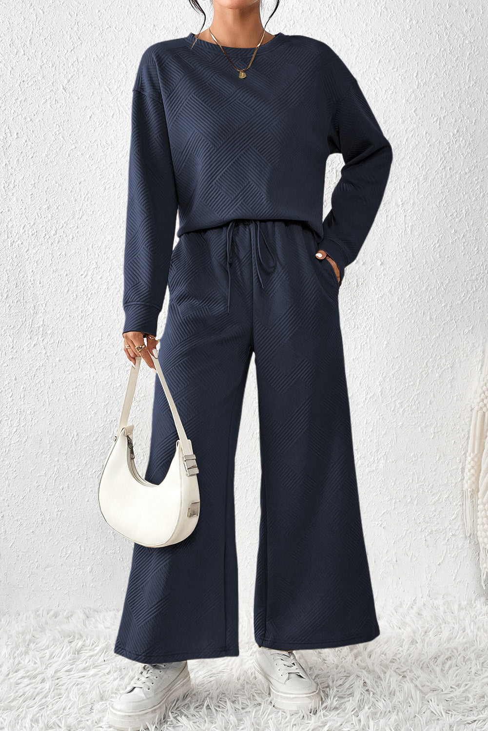 Textured Loose Slouchy Long Sleeve Top and Pants Set