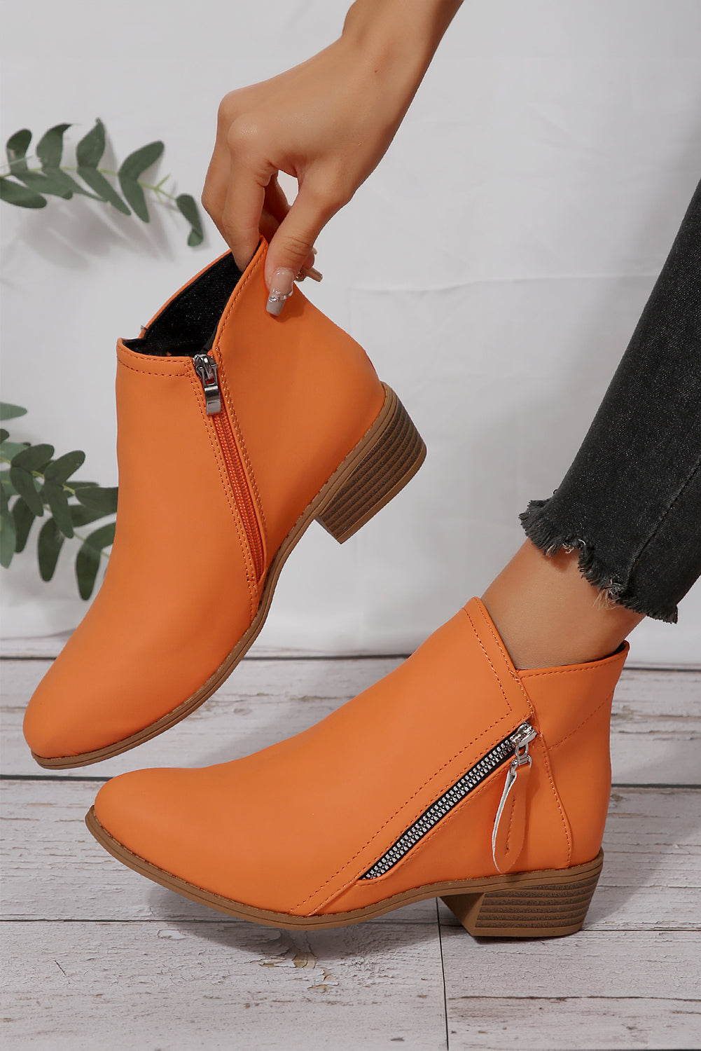 White Faux Leather Double Zip Low Heel Ankle Boots