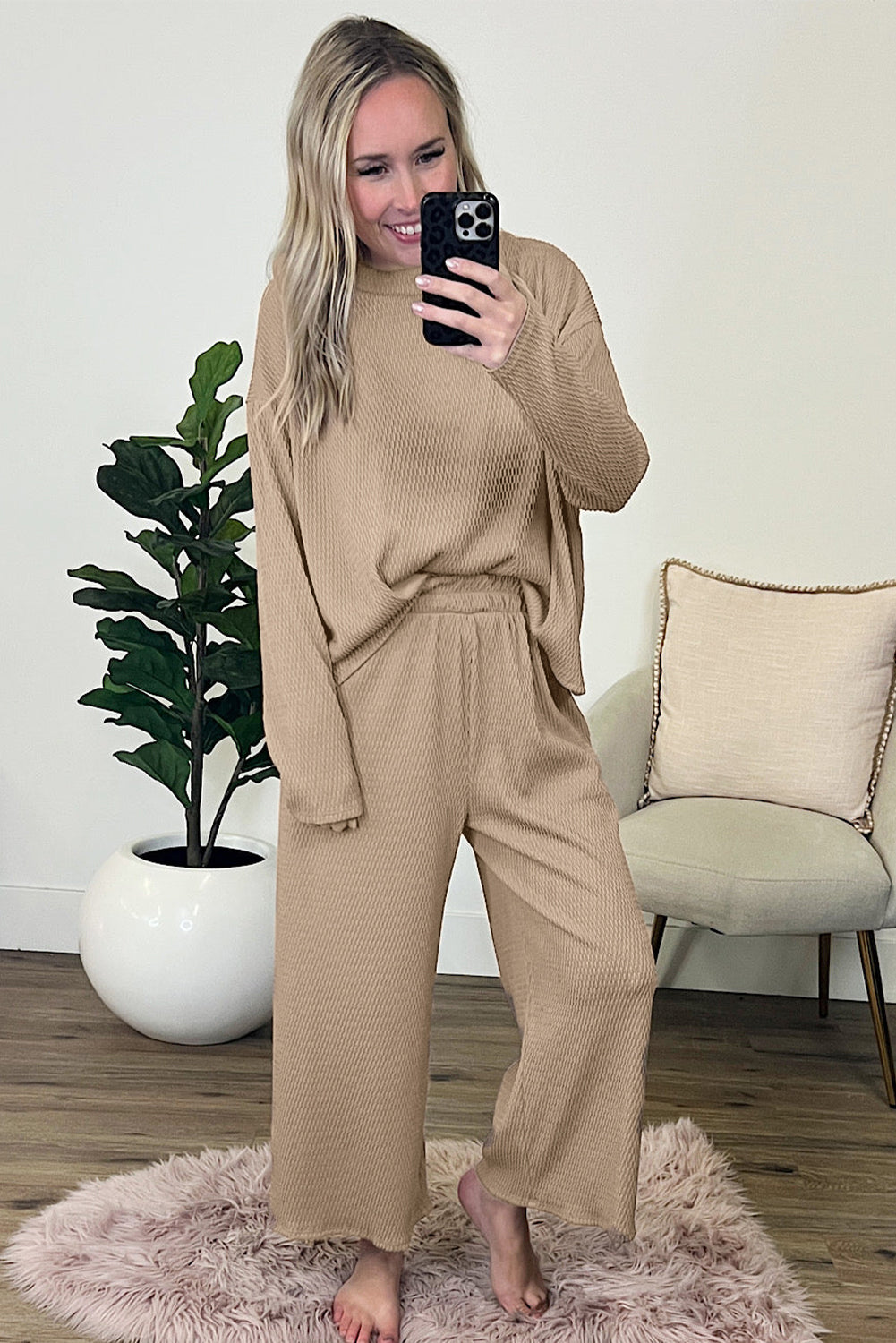 Smoke Gray Loose Textured Pullover & Pants Outfit
