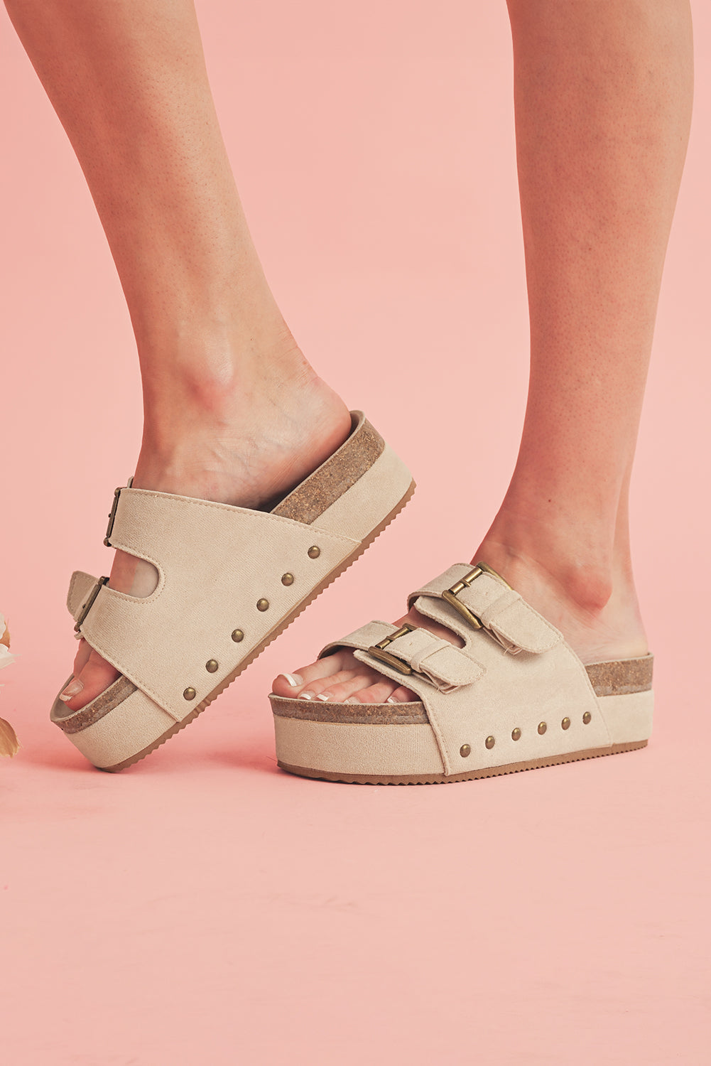 Suede Buckle Decor Corky Platform Slides