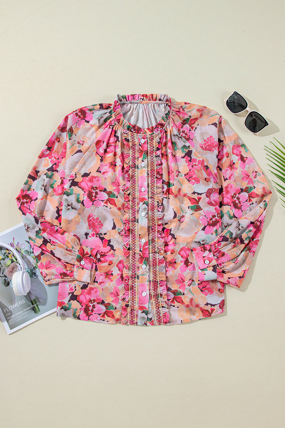 Red Floral Print Frill Blouse