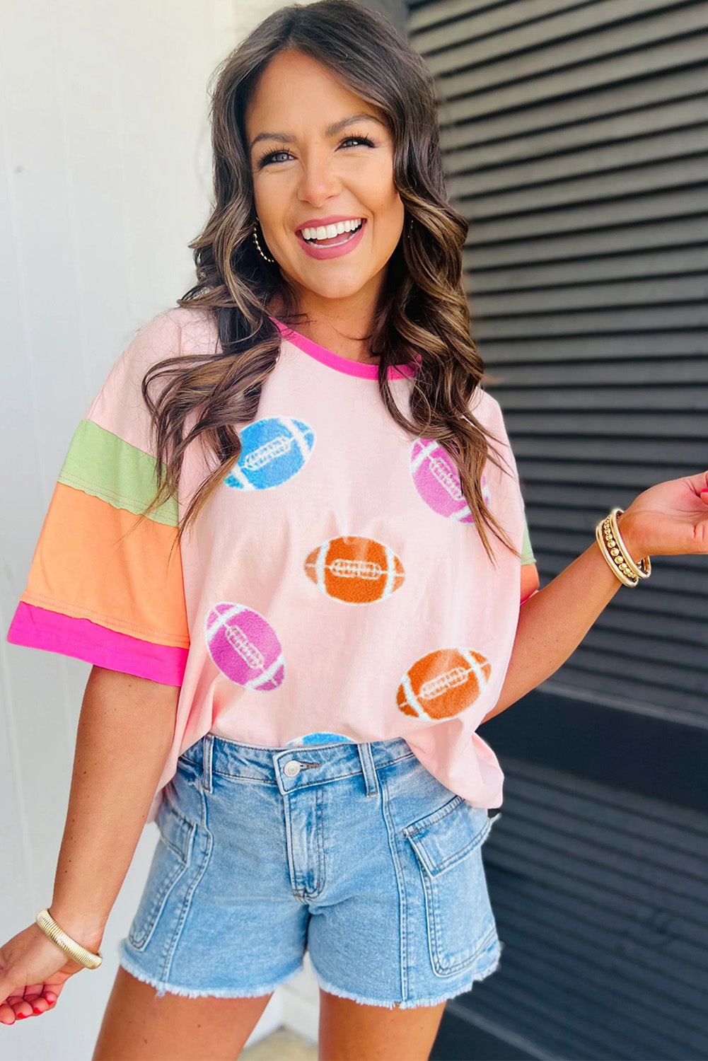 Pink Football Embroidered Color Block Tee
