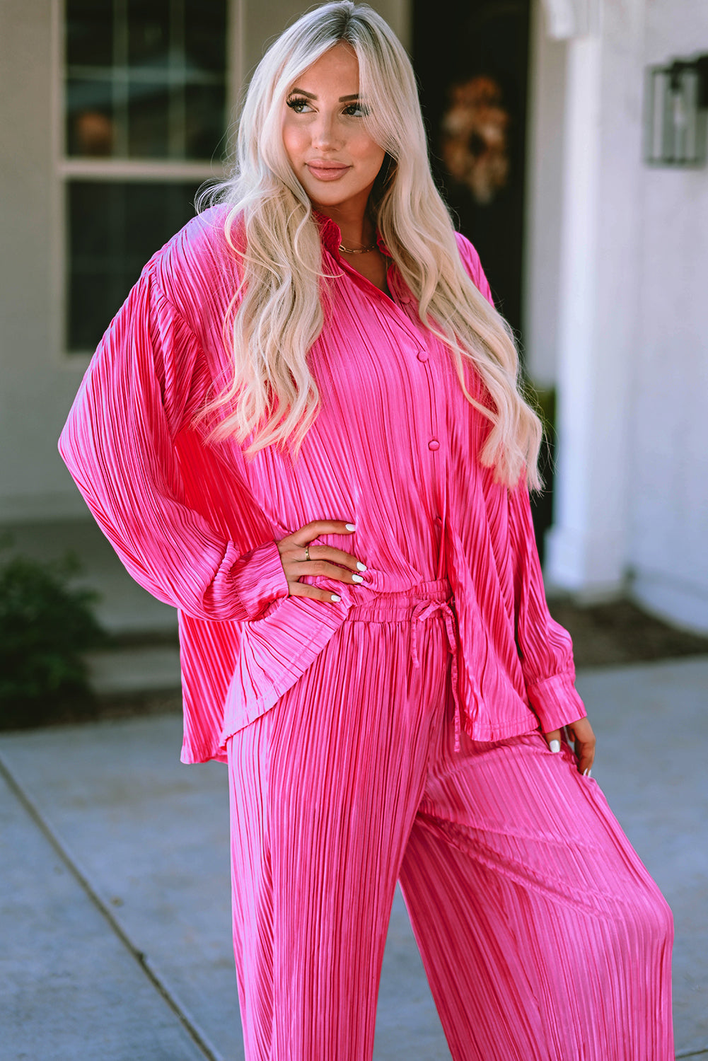 Hot Pink Rose Pleated Long Sleeve Shirt & Wide-Leg Pants Set