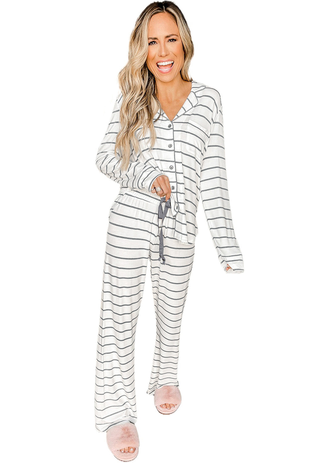 Chic and Cozy Long Sleeve Striped Buttoned Top & Loose Pants Pajama Set